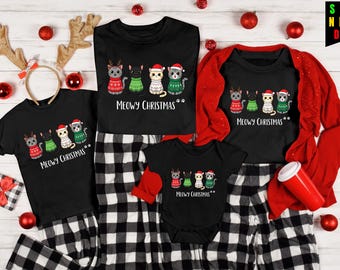 Meowy Christmas Cat Family Shirts,Matching Holiday Pajamas,Cute Kitty Xmas Tops for Adults Kids Baby,Cat Lover Gift,Xmas Gift for Cat Lovers