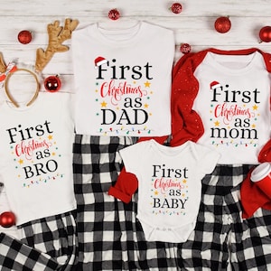 Family Christmas tee Set,Matching First Christmas as Mom Dad Baby Bro Outfits,Holiday pjs,Personalized Xmas Gift,Family Christmas Pajama tee