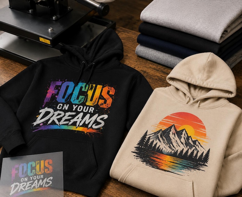 May include: A black hoodie featuring a colorful, distressed-style graphic that reads "FOCUS ON YOUR DREAMS" and a beige hoodie displaying a mountain landscape illustration with a sunset over a lake, accompanied by a matching transparent transfer sheet.