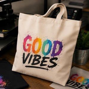 May include: A beige canvas tote bag featuring the text GOOD VIBES printed on the front. The word GOOD is displayed in a multi-colored, paint-splatter style, while the word VIBES is printed in solid black with a brushstroke effect.