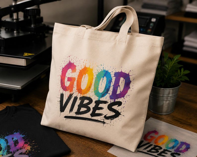 May include: A beige canvas tote bag featuring the text GOOD VIBES printed on the front. The word GOOD is displayed in a multi-colored, paint-splatter style, while the word VIBES is printed in solid black with a brushstroke effect.