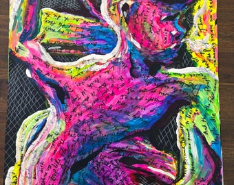 The Blues. Real prison art. Neon acrylic painting on paper, unframed. Lyrics throughout the painting, hidden poetry and signed by artist