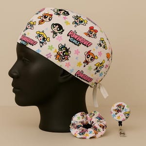 Scrub Cap + Scrunchie + Badge Reel Bundle Scrub Cap for Women – Handmade Bouffant Surgical Hat with Button Nurse Gift Adjustable Medical Cap