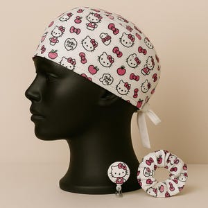 Scrub Cap + Scrunchie + Badge Reel Bundle Scrub Cap for Women – Handmade Bouffant Surgical Hat with Button Nurse Gift Adjustable Medical Cap