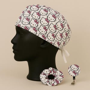 Scrub Cap + Scrunchie + Badge Reel Bundle Scrub Cap for Women – Handmade Bouffant Surgical Hat with Button Nurse Gift Adjustable Medical Cap