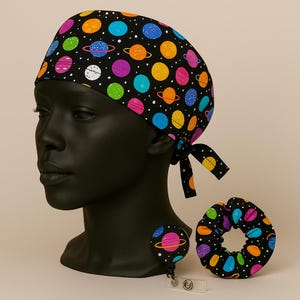 Scrub Cap + Scrunchie + Badge Reel Bundle Scrub Cap for Women – Handmade Bouffant Surgical Hat with Button Nurse Gift Adjustable Medical Cap