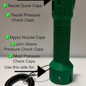 May include: A green plastic tool with a ribbed handle and a slotted top, designed for use with various nozzle caps, including TeeJet and Hypro models. The image includes text indicating the tool's compatibility with different cap types.