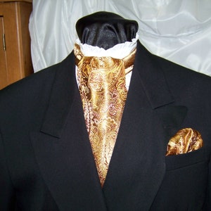 Ascot and Pocket Square Paisley Gold Metallic Paisley Brocade fabric 4&quot; x 56&quot; Mens Historial Bow Tie or Wedding, cravat tie