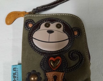 Chala Monkey Wallet/ wristlet canvas with 2 zippers and 6 credit card pockets