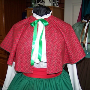 Dickens, Mrs. Claus Ladies Long Green Skirt, red Sash and green and red Christmas tree print Cape one size