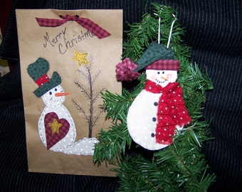 Snowman Ornament pattern and Snowman Applique with Christmas Tree gift Bag pdf Pattern Great DIY gift  with Instant Download