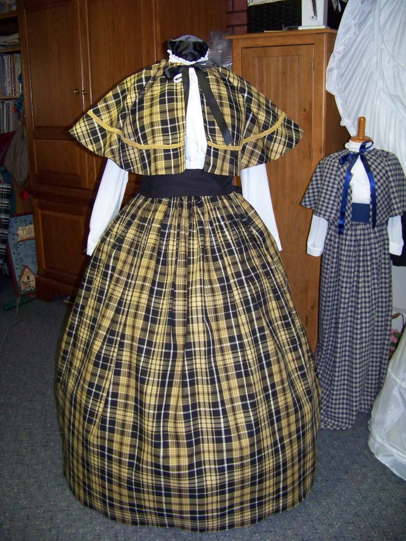 Golden Tan or khaki Dickens Civil War Ladies Long Skirt or Sash or Cape one size fit all Black and white plaid cotton homespun