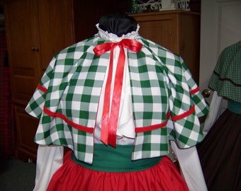 Dickens, Mrs. Claus Ladies Long red Skirt, green Sash and green and white 1" checked gingham Cape with red braid and ribbon trim one size