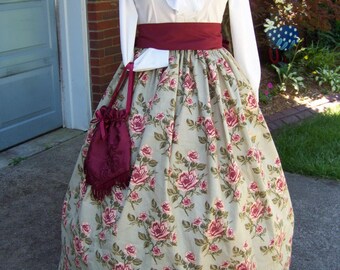 Civil War Long SKIRT one size fits all with Green with Large Burgundy, cream,and coral Roses cotton Handmade vintage style fabric