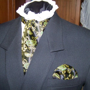 Ascot and Pocket Square Paisley Gold, green, black Metallic Brocade fabric 4&quot; x 56&quot; Mens Historical Bow Tie or Wedding, cravat tie