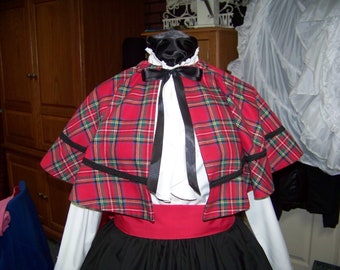 Dicken's Christmas Caroler Victorian outfit Red, black, green, blue and white plaid flannel one size fits most with Black Skirt and red sash