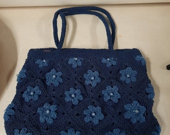 Vintage child or small ladies blue crocheted purse handbag on SALE