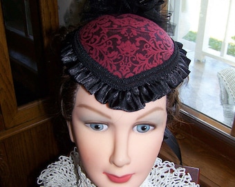 Teardrop Hat, Ladies Red and Black brocade  Victorian Civil War Black Satin ruffle