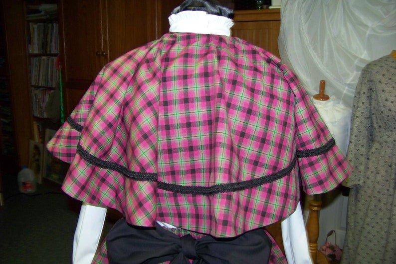 Dickens Civil War Ladies Long Skirt Sash and Cape one size fit all Pink Black Green plaid cotton homespun