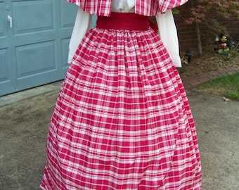 Civil War Skirt,Victorian,costume Long drawstring SKIRT and Sash or Cape Red and white Taffia plaid with Red sash Handmade