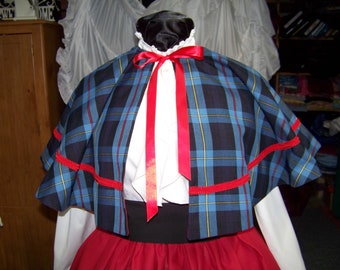 Dickens, Mrs. Claus, Civil War Ladies Long red Skirt and black Sash with black, blue, Red and med blue plaid homespun cape