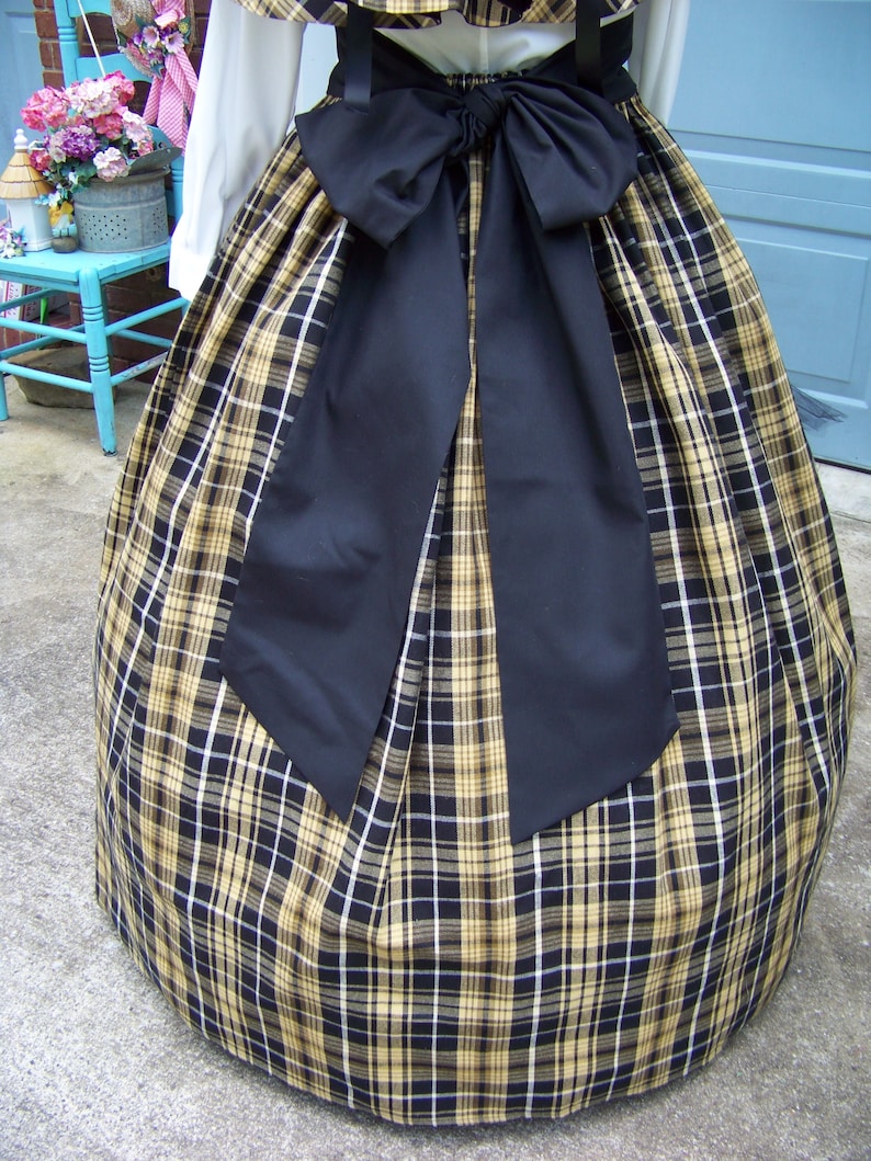 Golden Tan or khaki and white plaid cotton homespun Dickens Civil War Ladies Long Skirt or Sash or Cape one size fit all Black