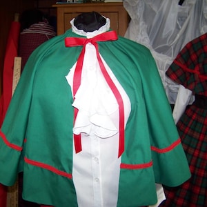 Mrs. Claus or Dickens costume Plus size Long Drawstring SKIRT one size fits most Green solid cotton skirt and red sash and cape Handmade