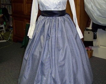 Ladies or Child's Colonial,Civil War,Victorian,costume Long drawstring SKIRT only one size fit all Navy and white checked Taffia Handmade