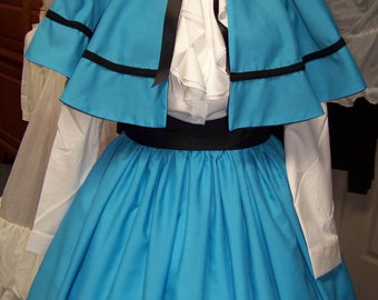 Civil War Youth Victorian Outfit Long drawstring Skirt and cape Aqua Blue cotton with black Sash and matching braid one size fit all