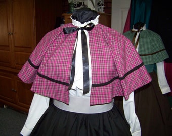 Dickens Child or Ladies Camp Dress, costume drawstring black SKIRT with cape pink, gray, white and black plaid and gray Sash and black braid