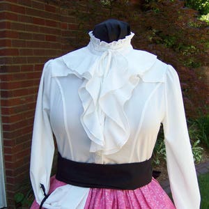 Civil War style ladies blouse Eggshell White cotton blend with ruffles in the front and around the neck