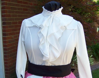 Civil War style ladies blouse Eggshell White cotton blend with ruffles in the front and around the neck