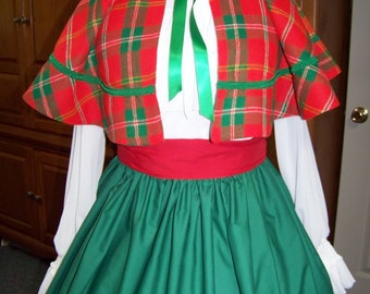 Dickens Christmas Caroler 3-piece outfit Long green Skirt, red Sash and white, red and green plaid Cape with green braid and ribbon trim