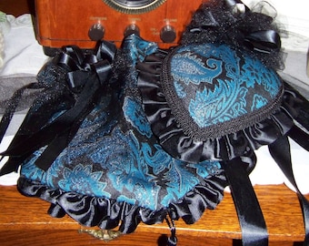 Ladies Civil War Hat Victorian with matching reticule,Turquoise and Black Brocade teardrop with Black Satin ruffle costume