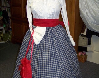Child or Adult Colonial,Civil War Long draw string SKIRT or Sash one size fits all Navy Blue and Beige plaid cotton homespun fabric Handmade