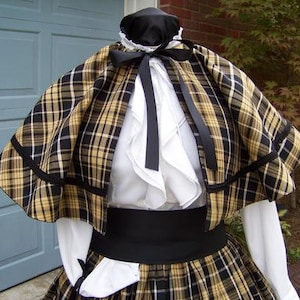 Dickens Civil War Ladies Long Skirt or Sash or Cape one size fit all Black, Golden Tan or khaki, and white plaid cotton homespun