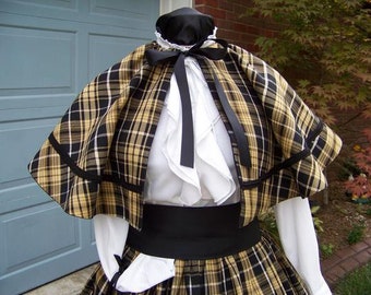 Dickens Civil War Ladies Long Skirt or Sash or Cape one size fit all Black, Golden Tan or khaki, and white plaid cotton homespun