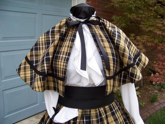 Dickens Civil War Ladies Long Skirt or Sash or Cape one size fit all Black, Golden Tan or khaki, and White plaid cotton homespun Dickens Civil War Ladies Long Skirt or Sash or Cape one size fit all Black, Golden Tan or khaki, and White plaid cotton homespun