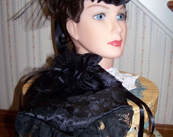 Ladies Civil War Hat and Reticule,Victorian Ladies,Black teardrop Rose Brocade with Black Satin ruffle costume