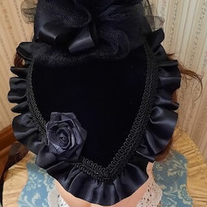 Teardrop Hat ladies Black velvet Victorian Civil War Black Satin ruffle and ribbons and braid with matching black velvet purse