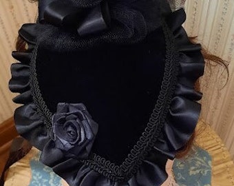 Teardrop Hat ladies Black velvet Victorian Civil War Black Satin ruffle and ribbons and braid with matching black velvet purse