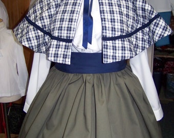 Ladies Dickens Outfit Long sage drawstring SKIRT, cape is Sage, navy and white plaid quilted cotton navy sash with Solid sage cotton skirt