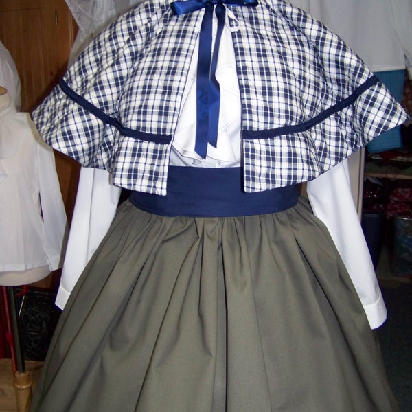 Ladies Dickens Outfit Long sage drawstring SKIRT, cape is Sage, navy and white plaid quilted cotton navy sash with Solid sage cotton skirt