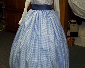Colonial,Civil War,Victorian,costume Long drawstring SKIRT and sash one size fit all Blue and white checked Taffia,Handmade