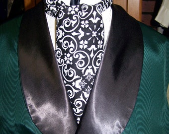 Ascot or Cravat White and Black Floral Paisley Damask cotton print fabric 4" x 42" or  52" Mens Historial Wedding, cravat tie