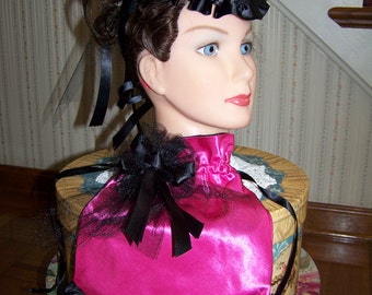 Ladies Hat Hot Pink and black Satin Victorian Civil War Hat teardrop with Black ribbon and Reticule