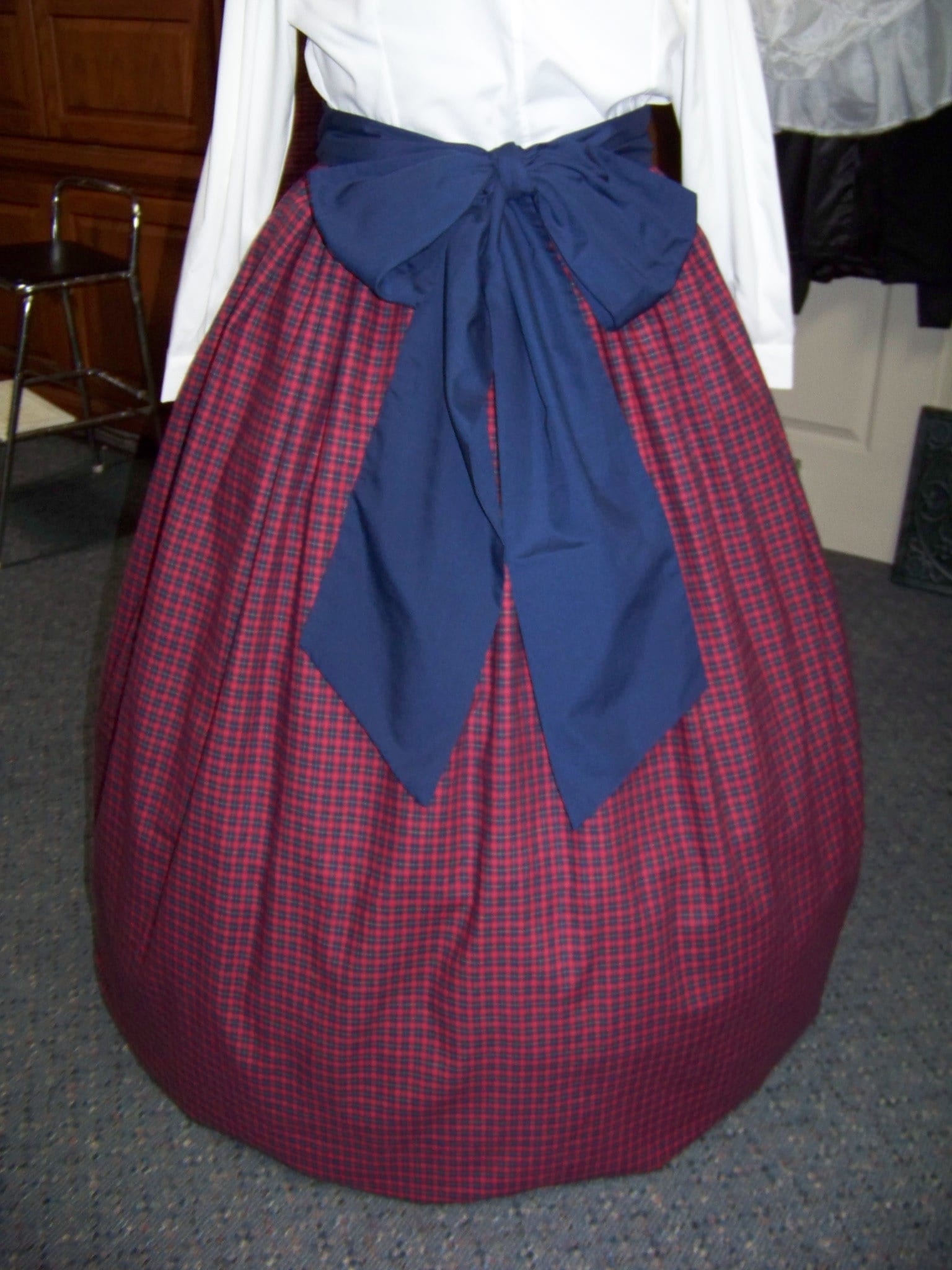 SALE Dickens Christmas Skirt, Sash and Cape one size fit all Navy Blue, Red and yellow small plaid cotton with navy sash or solid navy skirt