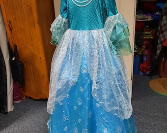 SALE Vintage Girl Mermaid costume Teal blue and Green with Silver apron and sleeve ruffles and built-in hoop slip. Size girls 10-12