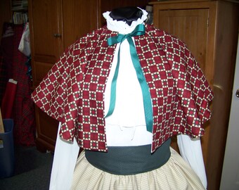Dickens Faire Outfit, Victorian costume beige and Tan Long drawstring SKIRT and green Sash or Cape star print in green and burgundy Handmade