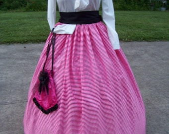 Civil War Child or Ladies Camp Dress,costume drawstring SKIRT one size fit all Pink and white checked Taffeta, Black Sash or Red Sash